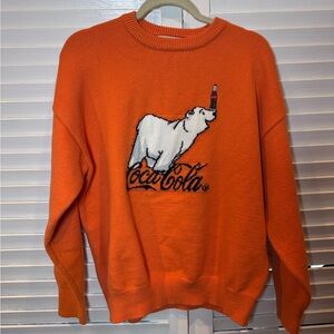 Coca Cola Polar Bear Graphic Knit Sweater Orange Coke Crewneck Vintage Style